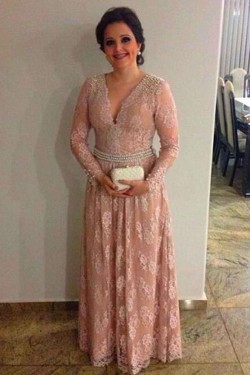 Elegant Long Sleeves V-Neck Beaded Lace Mother of The Bride and Groom Dresses 602017