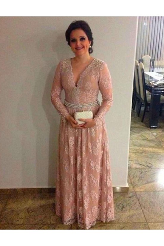 Elegant Long Sleeves V-Neck Beaded Lace Mother of The Bride and Groom Dresses 602017 Elegant Long Sleeves V-Neck Beaded Lace Mother of The Bride and Groom Dresses 602017