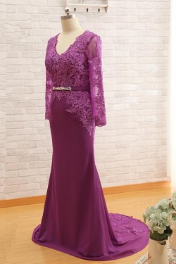 Mermaid Long Sleeves V-Neck Lace Mother of The Bride and Groom Dresses 602037