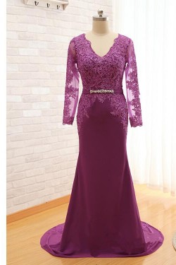 Mermaid Long Sleeves V-Neck Lace Mother of The Bride and Groom Dresses 602037