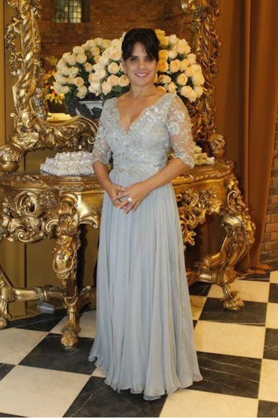 Elegant Lace and Chiffon V-Neck Mother of The Bride and Groom Dresses 602038