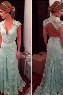 Lace V-Neck Long Mother of The Bride and Groom Dresses 602040