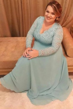 A-Line Long Sleeves V-Neck Lace Chiffon Mother of The Bride Dresses 602062