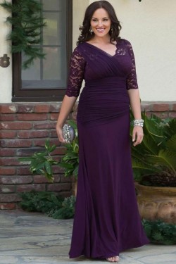 Elegant Lace Chiffon V-Neck Long Mother of The Bride Dresses 602063