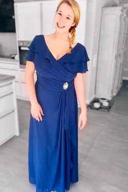 A-Line V-Neck Chiffon Long Mother of The Bride Dresses 602064