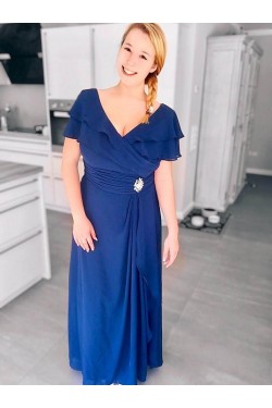 A-Line V-Neck Chiffon Long Mother of The Bride Dresses 602064