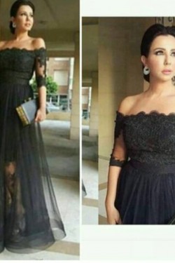 Long Black Off-the-Shoulder Lace Mother of The Bride Dresses 602091