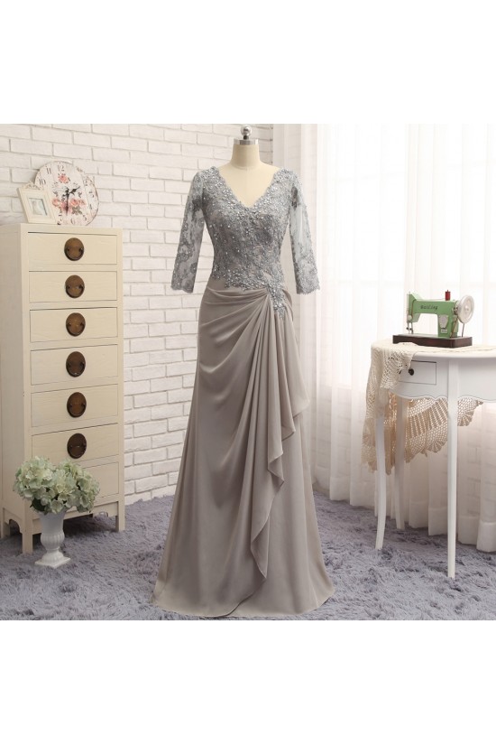Elegant Chiffon Beaded V-Neck Long Mother of The Bride Dresses 602100