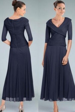 A-Line V-Neck Tea Length Mother of The Bride Dresses 602111