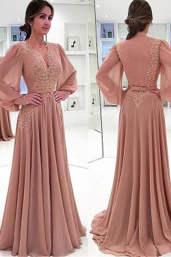 A-line Chiffon V-Neck Long Sleeves Lace Mother of The Bride Dresses 602116