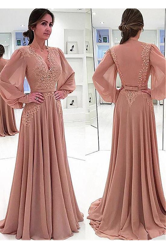 A-line Chiffon V-Neck Long Sleeves Lace Mother of The Bride Dresses 602116