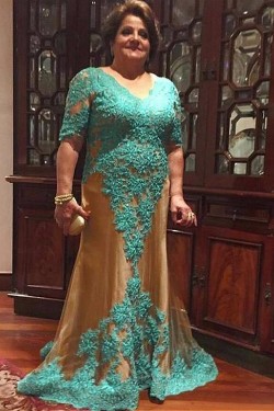 Long Lace and Tulle V-Neck Mother of The Bride Dresses 602139