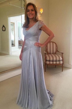 Elegant Chiffon Lace V-Neck Long Mother of The Bride Dresses 602140