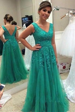 A-Line Tulle V-Neck Long Mother of The Bride Dresses with Beads and Lace Appliques 602142