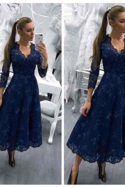 A-Line Tea Length V-Neck Mother of The Bride Dresses with Beads and Lace Appliques 602143