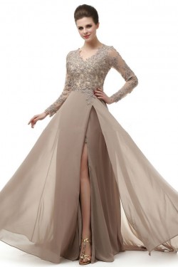 A-Line V-Neck Long Sleeves Lace Chiffon Mother of The Bride Dresses 602149