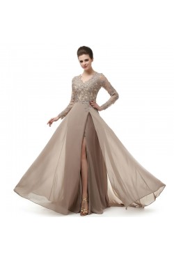 A-Line V-Neck Long Sleeves Lace Chiffon Mother of The Bride Dresses 602149