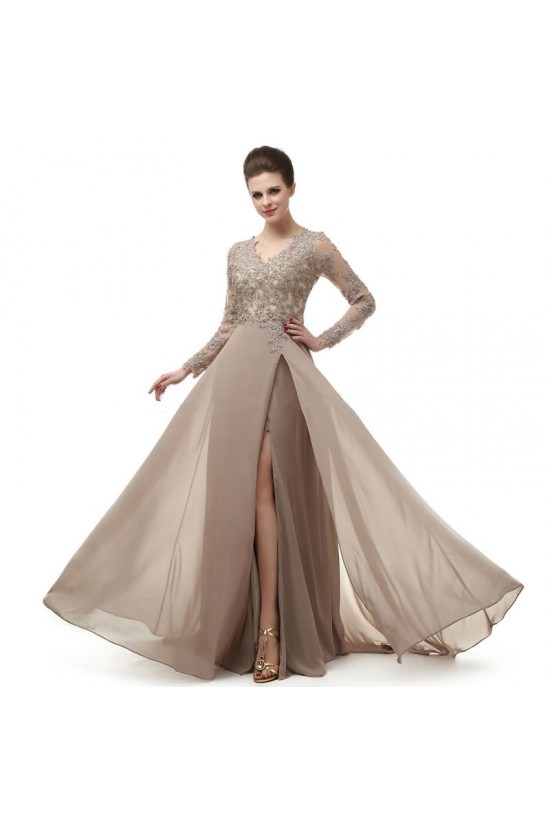 A-Line V-Neck Long Sleeves Lace Chiffon Mother of The Bride Dresses 602149