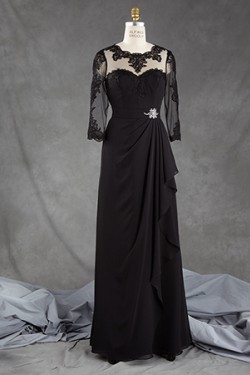 3/4 Length Sleeves Long Black Chiffon Lace Mother of The Bride Dresses 602164