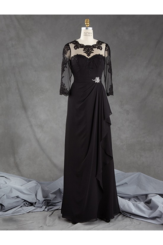 3/4 Length Sleeves Long Black Chiffon Lace Mother of The Bride Dresses 602164