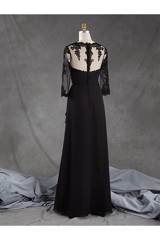 3/4 Length Sleeves Long Black Chiffon Lace Mother of The Bride Dresses 602164