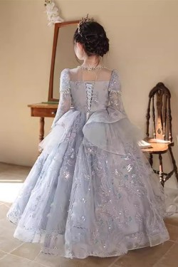 Gorgeous Princess Silver Lace Flower Girl Dresses with Long Sleeves XF101001
