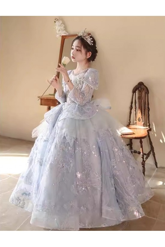 Gorgeous Princess Silver Lace Flower Girl Dresses with Long Sleeves XF101001 Gorgeous Princess Silver Lace Flower Girl Dresses with Long Sleeves XF101001