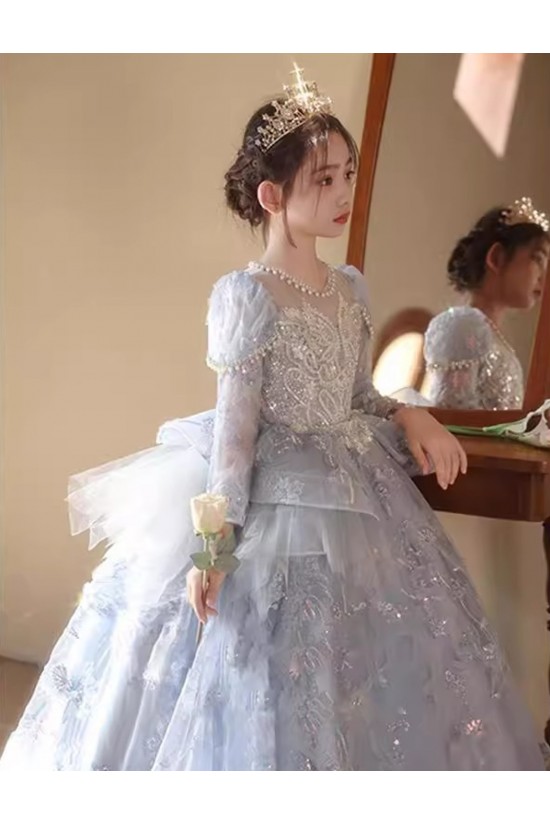 Gorgeous Princess Silver Lace Flower Girl Dresses with Long Sleeves XF101001 Gorgeous Princess Silver Lace Flower Girl Dresses with Long Sleeves XF101001