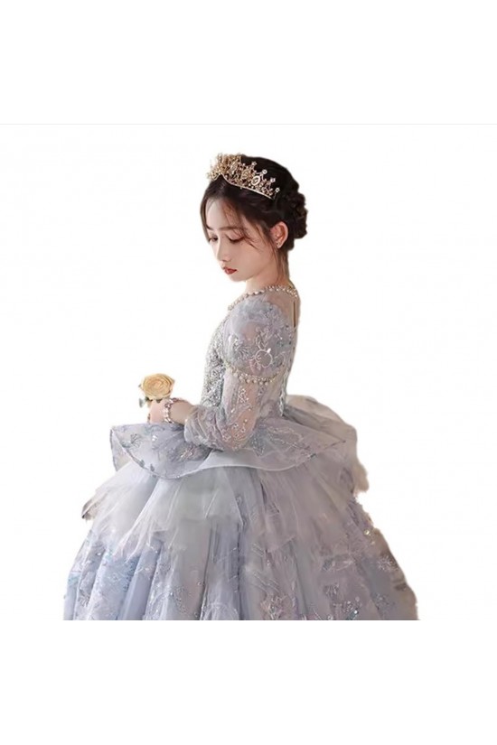 Gorgeous Princess Silver Lace Flower Girl Dresses with Long Sleeves XF101001 Gorgeous Princess Silver Lace Flower Girl Dresses with Long Sleeves XF101001