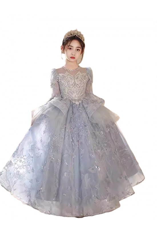 Gorgeous Princess Silver Lace Flower Girl Dresses with Long Sleeves XF101001 Gorgeous Princess Silver Lace Flower Girl Dresses with Long Sleeves XF101001