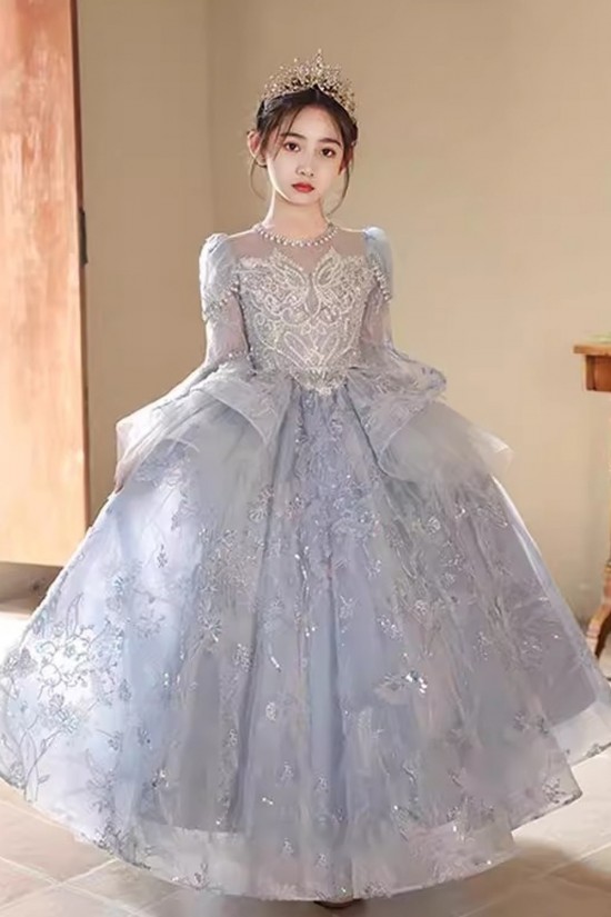 Gorgeous Princess Silver Lace Flower Girl Dresses with Long Sleeves XF101001 Gorgeous Princess Silver Lace Flower Girl Dresses with Long Sleeves XF101001