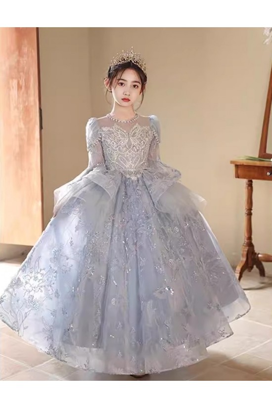 Gorgeous Princess Silver Lace Flower Girl Dresses with Long Sleeves XF101001 Gorgeous Princess Silver Lace Flower Girl Dresses with Long Sleeves XF101001