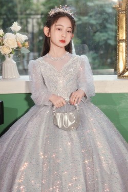 A-Line Princess Sparkly Flower Girl Dresses with Long Sleeves XF101002