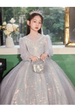 A-Line Princess Sparkly Flower Girl Dresses with Long Sleeves XF101002
