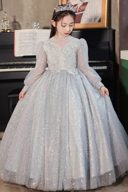A-Line Princess Sparkly Flower Girl Dresses with Long Sleeves XF101002