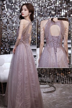 A-Line Sparkle Tulle Beaded Long Prom Dresses Formal Evening Party Dresses XP101041