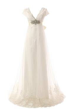 Sexy A-line V-neck Lace Sweep Train Wedding Dresses WD010003