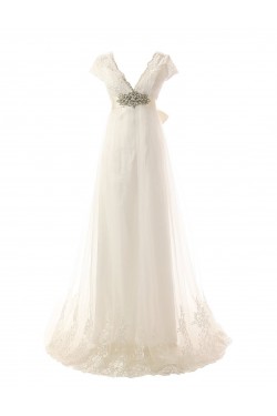 Sexy A-line V-neck Lace Sweep Train Wedding Dresses WD010003