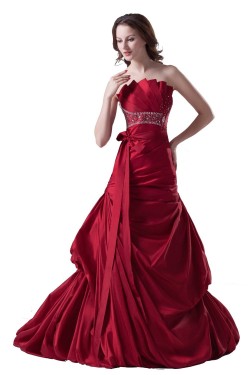 A-line Chapel Train Red Beaded Wedding Dresses WD010014