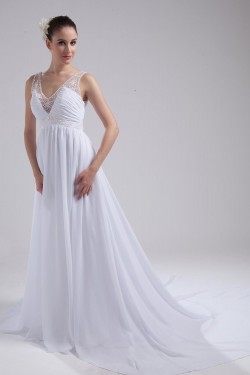 Elegant A-line V-neck Straps Chapel Train Chiffon Beaded Wedding Dresses WD010026