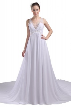 Elegant A-line V-neck Straps Chapel Train Chiffon Beaded Wedding Dresses WD010026