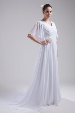 A-line Short Sleeves Chapel Train Chiffon Wedding Dresses WD010031