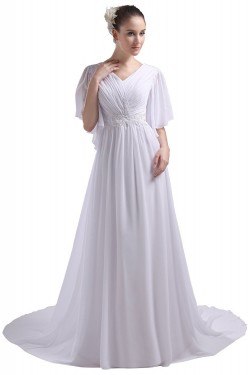 A-line Short Sleeves Chapel Train Chiffon Wedding Dresses WD010031
