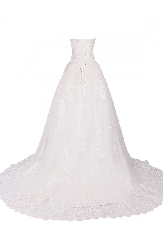 A-line Strapless Chapel Train Lace Wedding Dresses WD010032