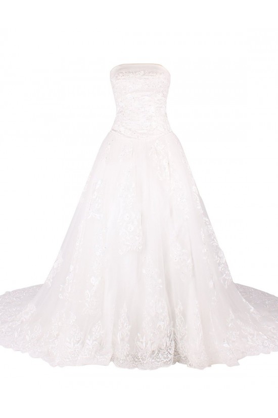 A-line Strapless Chapel Train Lace Wedding Dresses WD010032