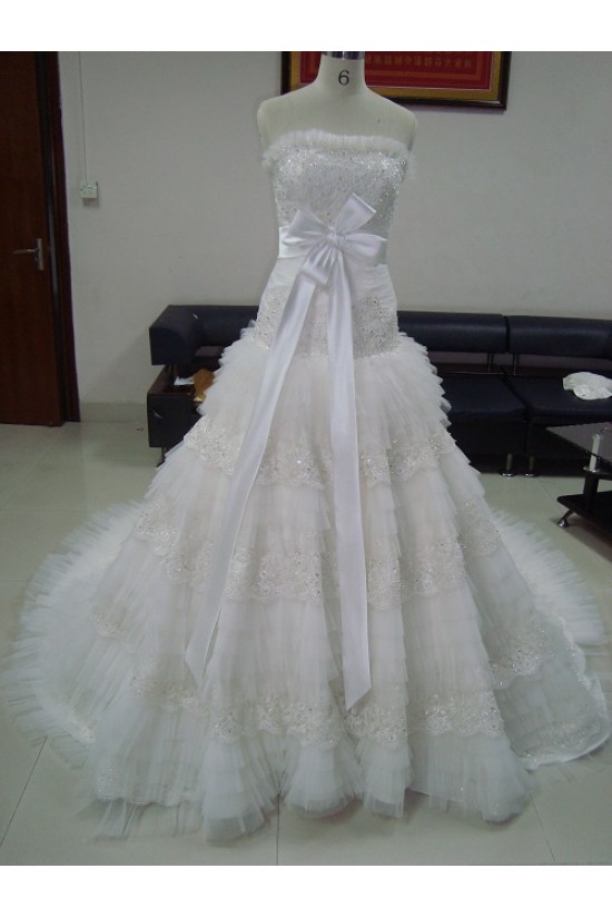 A-line Strapless Chapel Train Bridal Wedding Dresses WD010060