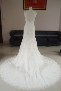 Trumpet/Mermaid V-neck Court Train Lace Bridal Wedding Dresses WD010065