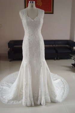 Trumpet/Mermaid V-neck Court Train Lace Bridal Wedding Dresses WD010065