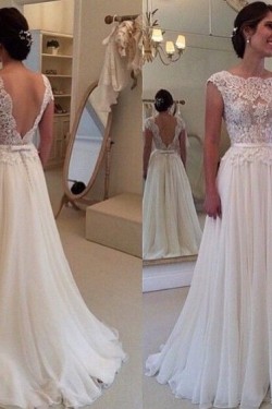 Sheath/Column Lace Chiffon Sweep Train Bridal Wedding Dresses WD010081