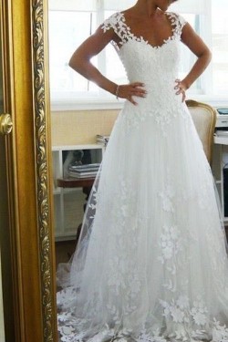A-line Cap Sleeves Lace Bridal Wedding Dresses WD010091